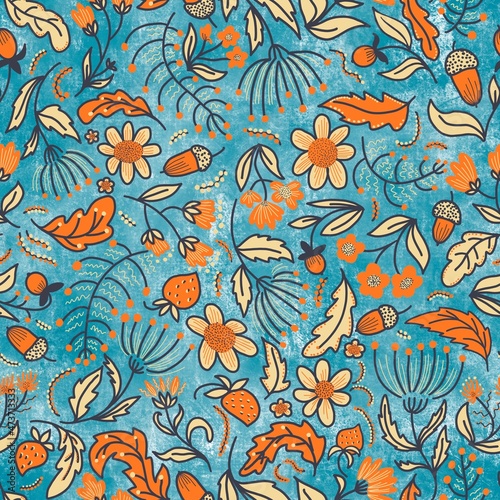 Seamless floral pattern, for textiles and packaging.