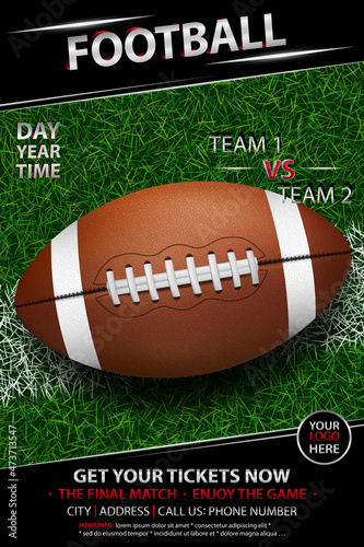 American football poster. Sport bar party banner. Football ball with neon lights illustration. Sport cafe event vector poster or banner design.
