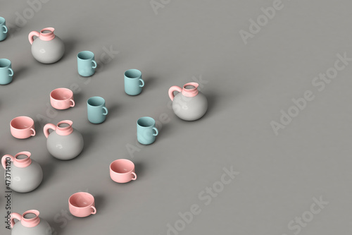 Coffee mugs and jug on grey background. 3D render. photo