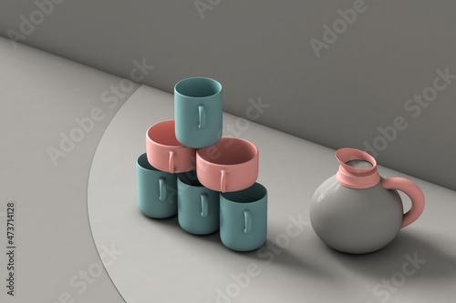 Coffee cups and jug on a minimal design gey background photo
