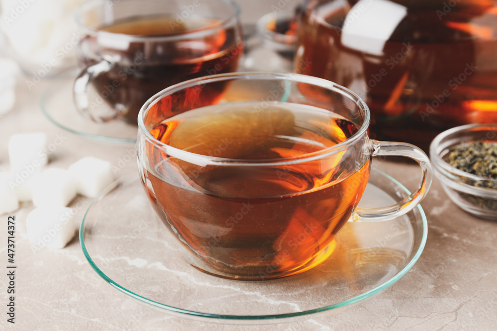 Concept of hot drink with tea, close up
