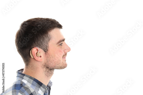 Young man with hearing aid isolated on white background