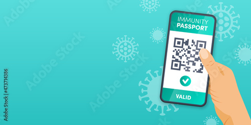 Electronic Health passport Covid-19 QR code on smartphone screen in woman hand vector empty banner concept. Vaccination green valid certificate background. Immunity pass app
