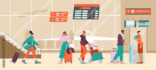 Check in desk at the airport, boarding process, queue at the desk, departure table. Travellers with suitcases in airport terminal waiting for registration and flight. Flat vector illustration