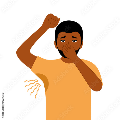 Terrible smell armpit concept vector illustration on white background. African man has bad smell and sweaty underarm. Bad body odor problem.