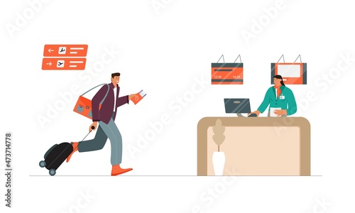Running man with suitcase in a hurry to a counter desk trying to get his flight and be in time for boarding. Vector illustration of passenger, check in desk and flight attendant.