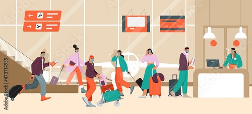 People wearing masks at the airport, by checking in and boarding at a counter desk. Vector illustration