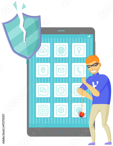 Blocking hacker attack. Hacker breaks into smartphone. Cyber attacker trying to hack mobile device. Breaking phone, cracking apps, cartoon vector isolated. Hacking, protection system break down