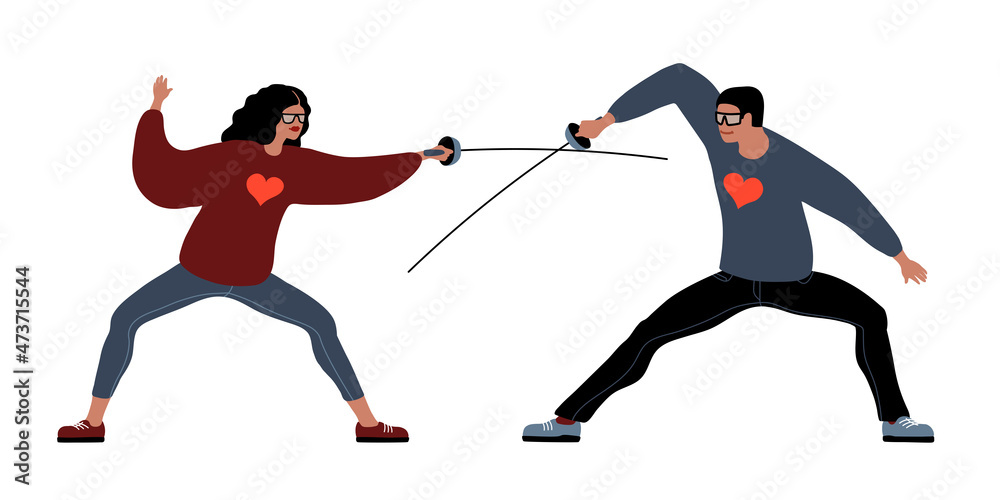 A young woman fencing with her boyfriend. The concept of a love duel. Jealous lovers. Color vector illustration isolated on a white background in a cartoon and flat design.