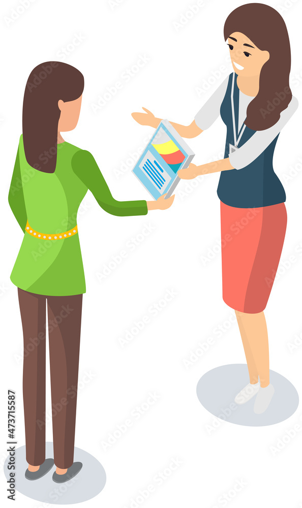 Obraz premium Girl distributes leaflets, flyers on white background. Leafleting, advertising campaign. Promoter, distributor advertises. Female promoter is giving leaflet flier with advertisement to woman