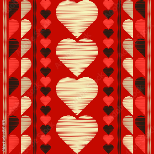 Seamless background with decorative hearts. Valentine's Day. Design with manual hatching. Embroidery on fabric. Boho texture. Vector illustration for web design or print.