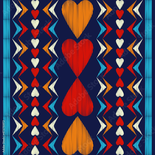 Seamless background with decorative hearts. Valentine's Day. Design with manual hatching. Embroidery on fabric. Boho texture. Vector illustration for web design or print.