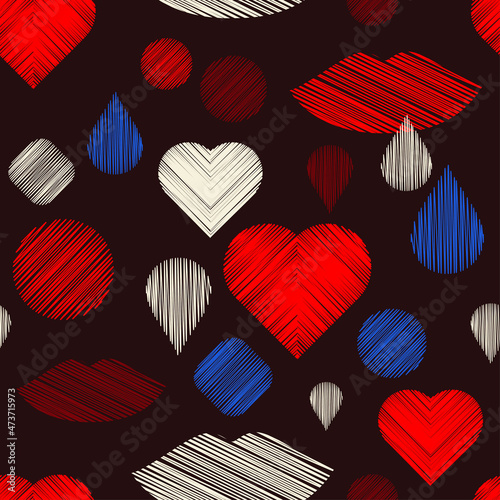 Seamless background with decorative hearts. Valentine's Day. Design with manual hatching. Embroidery on fabric. Boho texture. Vector illustration for web design or print.