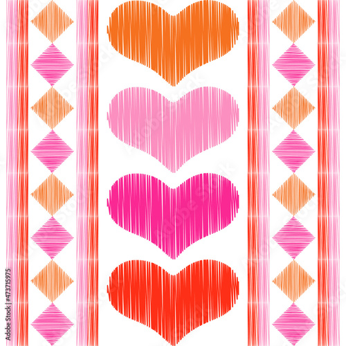 Seamless background with decorative hearts. Valentine's Day. Design with manual hatching. Embroidery on fabric. Boho texture. Vector illustration for web design or print.