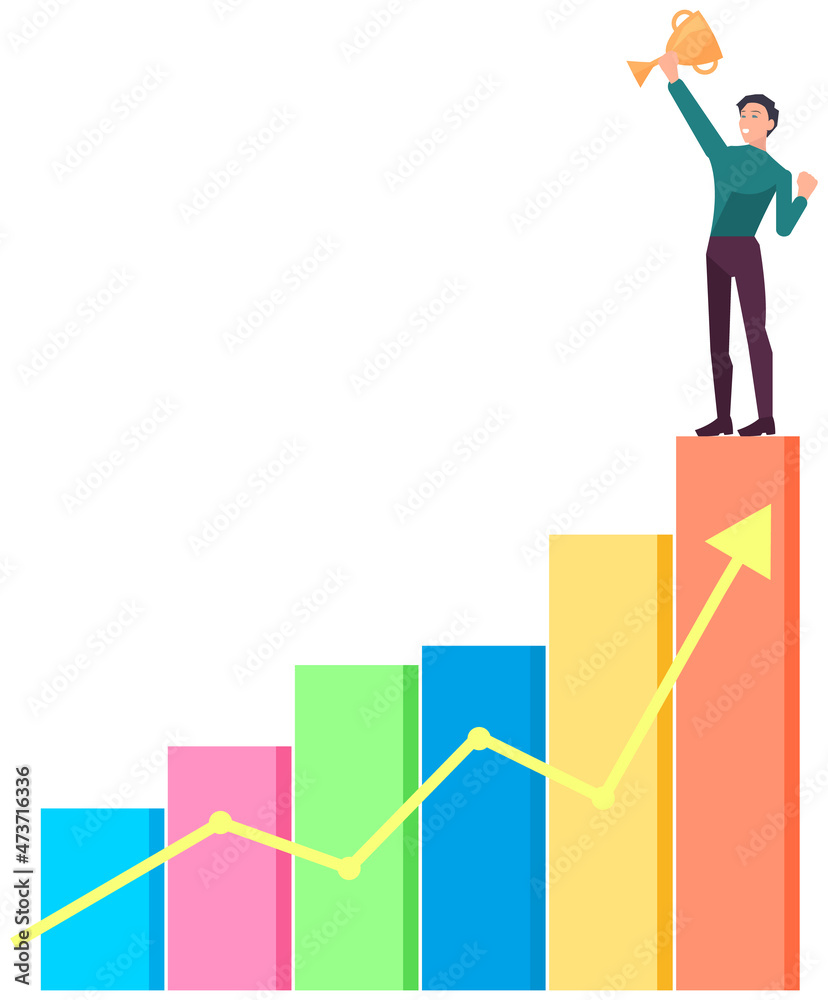 Businessman or clerk standing with cup on top of histogram. Man wins award, victory in competition. Business planning and data analysis. Employee holds gold prize as symbol of victory in business Businessman or clerk standing with cup on top of histogram. Man wins award, victory in competition. Business planning and data analysis. Employee holds gold prize as symbol of victory in business