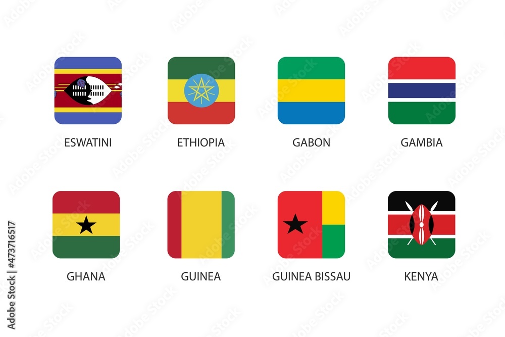 Set of square flag in Africa isolated on white background. Set of Eswatini, Ethiopia, Gabon, Gambia, Ghana, Guinea, Guinea-Bissau and Kenya. Set of square flag in Africa isolated on white background. Set of Eswatini, Ethiopia, Gabon, Gambia, Ghana, Guinea, Guinea-Bissau and Kenya.