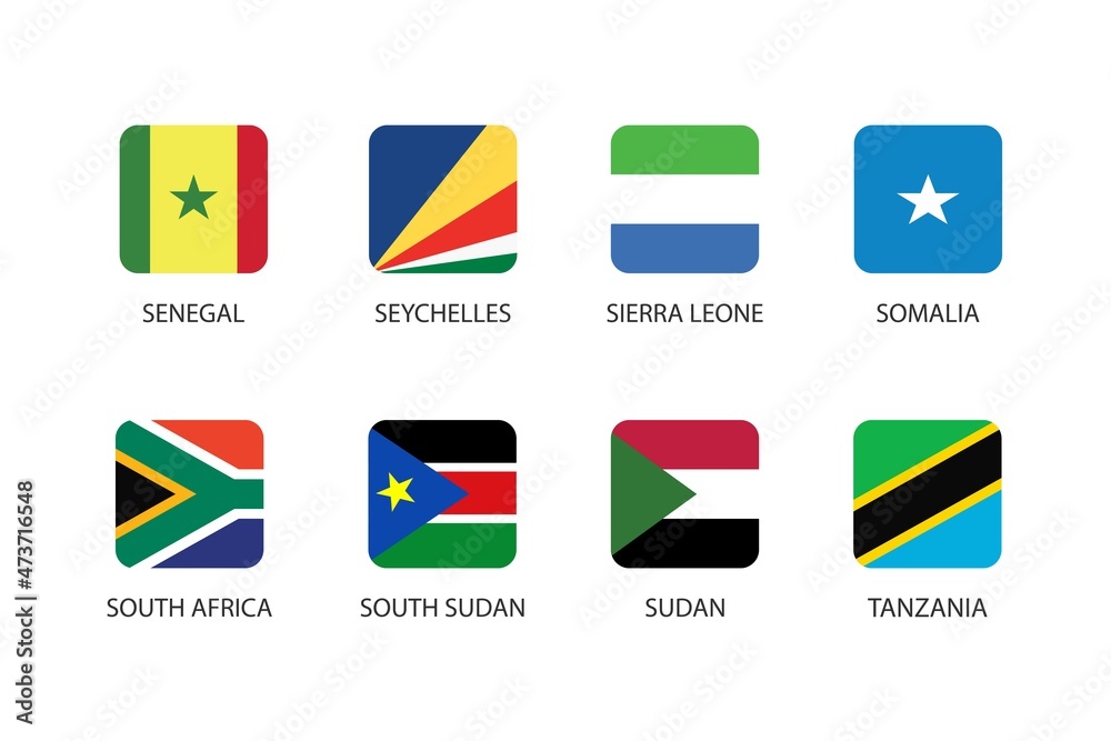 Set of square flag in Africa countries isolated on white background. Set of Senegal, Seychelles, Sierra Leone, Somalia, South Africa, South Sudan, Sudan and Tanzania. Set of square flag in Africa countries isolated on white background. Set of Senegal, Seychelles, Sierra Leone, Somalia, South Africa, South Sudan, Sudan and Tanzania.