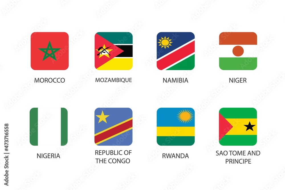 Set of square flag in Africa countries isolated on white background. Set of Morocco, Mozambique, Namibia, Niger, Nigeria, Republic of the Congo, Rwanda and Sao Tome and Principe. Set of square flag in Africa countries isolated on white background. Set of Morocco, Mozambique, Namibia, Niger, Nigeria, Republic of the Congo, Rwanda and Sao Tome and Principe.