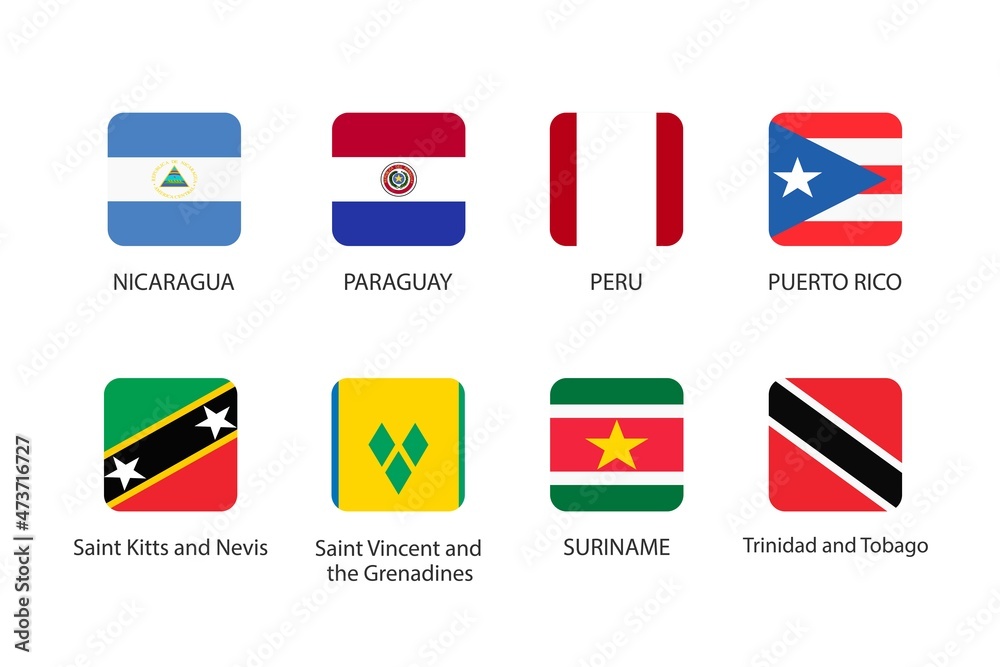 Set of square flag in America isolated on white background. Set of Nicaragua, Paraguay, Peru, Puerto Rico, Saint Vincent and the Grenadines, Suriname, Saint Kitts and Nevis and Trinidad and Tobago. Set of square flag in America isolated on white background. Set of Nicaragua, Paraguay, Peru, Puerto Rico, Saint Vincent and the Grenadines, Suriname, Saint Kitts and Nevis and Trinidad and Tobago.