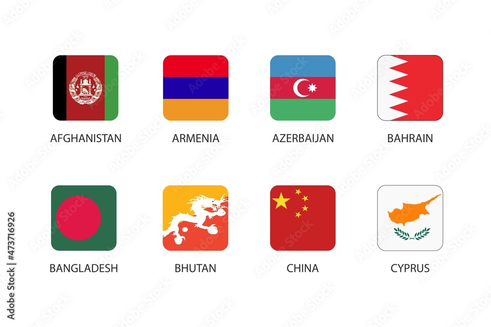 Set of square flag in Asia countries isolated on white background. Set of Afghanistan, Armenia, Azerbaijan, Bahrain, Bangladesh, Bhutan, China and Cyprus. Set of square flag in Asia countries isolated on white background. Set of Afghanistan, Armenia, Azerbaijan, Bahrain, Bangladesh, Bhutan, China and Cyprus.