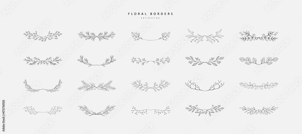 Set of Boho floral borders and divider with branch. Elegant Hand drawn line wedding herb, elegant leaves for invitation save the date card. Botanical rustic trendy greenery