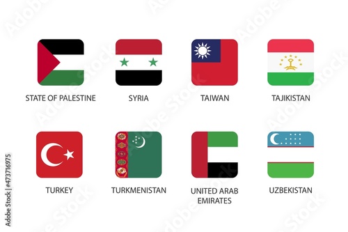 Set of square flag in Asia countries isolated on white background. Set of State of Palestine, Syria, Taiwan, Tajikistan, Turkey, Turkmenistan, United Arab Emirates and Uzbekistan. Free Download Set of square flag in Asia countries isolated on white background. Set of State of Palestine, Syria, Taiwan, Tajikistan, Turkey, Turkmenistan, United Arab Emirates and Uzbekistan. - GFXLoad