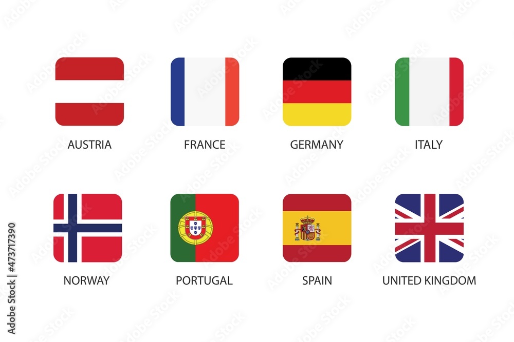 Set of square flag in Europe countries isolated on white background. Set of Austria, France, Germany, Italy, Norway, Portugal, Spain and United Kingdom.