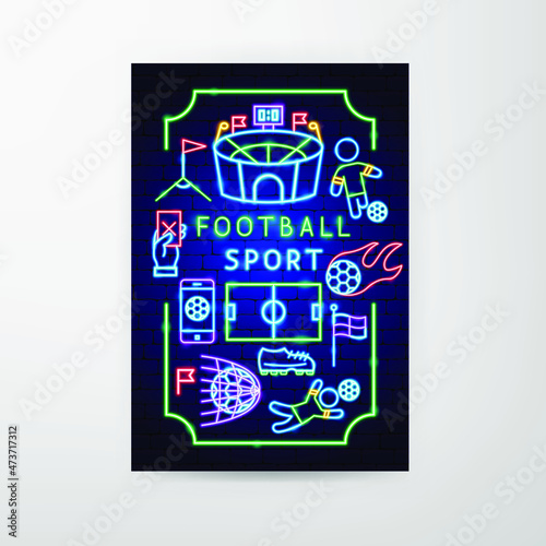 Football Sport Neon Flyer. Vector Illustration of Soccer Promotion.