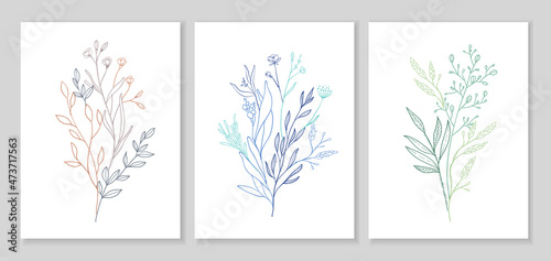 Floral bouquet. Hand drawn wedding branch herb, minimalist flowers with elegant leaves for invitation save the date card design. Botanical rustic trendy greenery vector