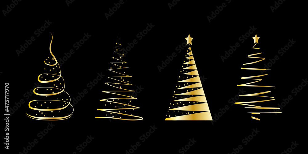 Golden Christmas tree set. Gold silhouette on black background. Vector Illustration. Golden Christmas tree set. Gold silhouette on black background. Vector Illustration.