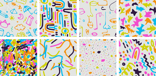 Set of colorful childish abstract hand drawn seamless pattern set. Contemporary minimal modern trendy freehand doodle. Templates for social media icons, posters. Vector