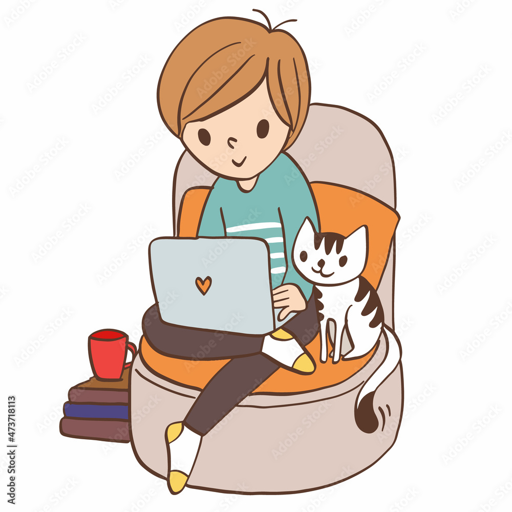 Young man sitting relaxing browsing internet on laptop with pet cat cartoon character cut out vector illustration Young man sitting relaxing browsing internet on laptop with pet cat cartoon character cut out vector illustration