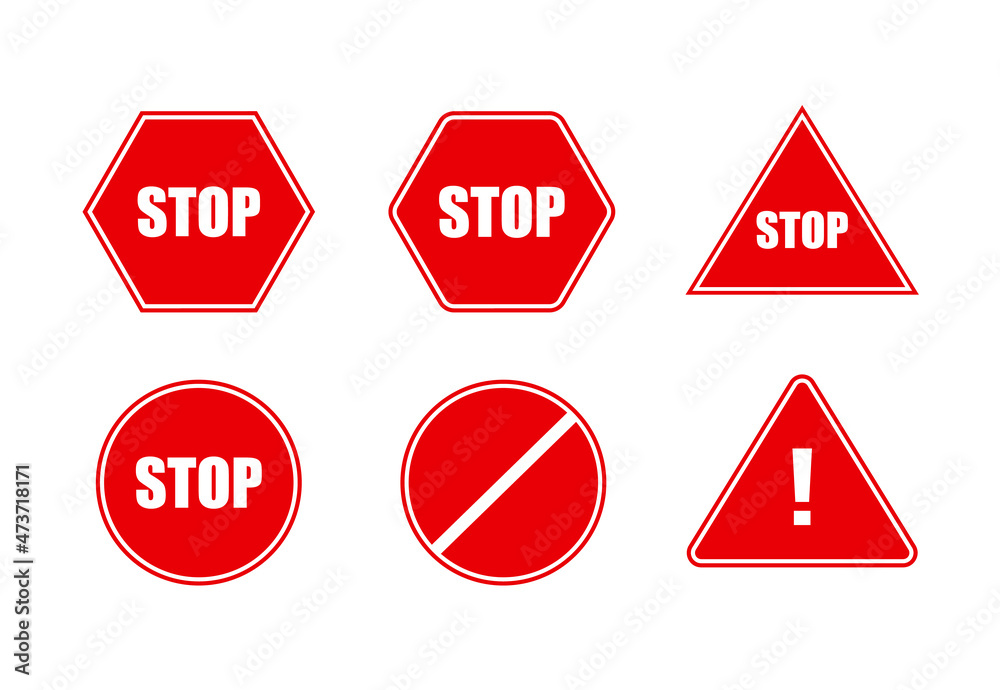 Set of Red Stop Signs, Different Shapes, Geometric Icons, Danger Sign, Isolated. Set of Red Stop Signs, Different Shapes, Geometric Icons, Danger Sign, Isolated.