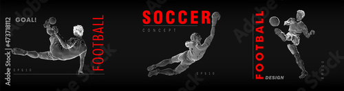 A set of football, soccer players drawing by white lines with text on dark-gray background