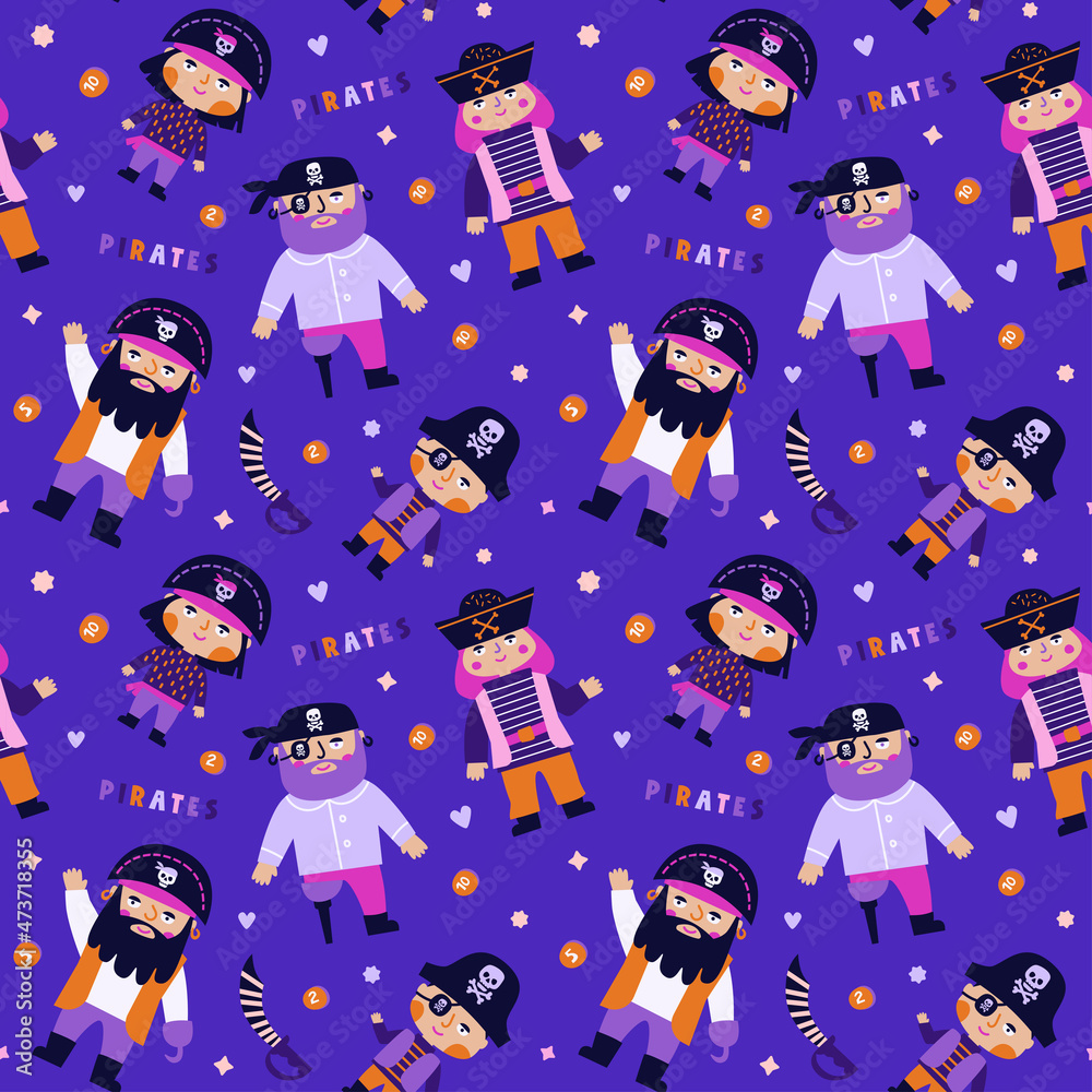 Vector illustration of a seamless pattern with pirates. Pirate hat, eye patch. Pink and purple Vector illustration of a seamless pattern with pirates. Pirate hat, eye patch. Pink and purple