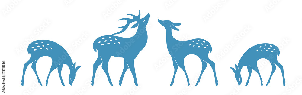 Beautiful silhouettes deer on white background. Winter elements for decor and holiday postcards. Vector illustration - obrazy, fototapety, plakaty 
