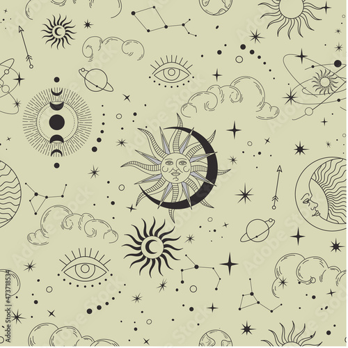 Vector seamless pattern with celestial mystic esoteric magic elements sun moon and clouds Different stages of moon, zodiac Signs. Alchemy tattoo template