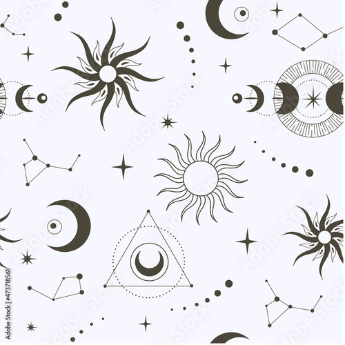 Vector seamless pattern with celestial mystic esoteric magic elements sun moon and clouds Different stages of moon, zodiac Signs. Alchemy tattoo template