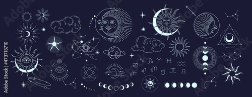 Set of celestial mystic esoteric magic elements sun moon and clouds Different stages of moon, zodiac Signs. Alchemy tattoo object logo template. Vector