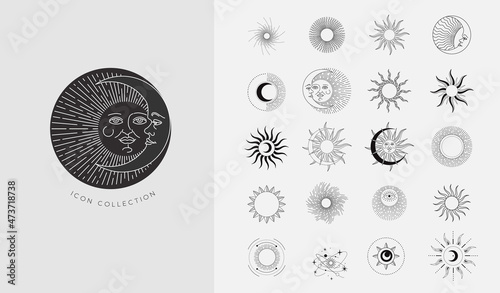 Set of celestial mystic esoteric and magic elements sun and moon with shine and sunburst. Alchemy tattoo object logo template. Vector