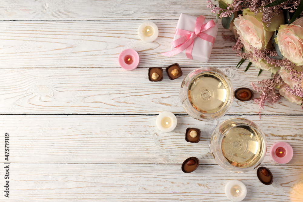 Happy Valentine day composition on white wooden background Happy Valentine day composition on white wooden background