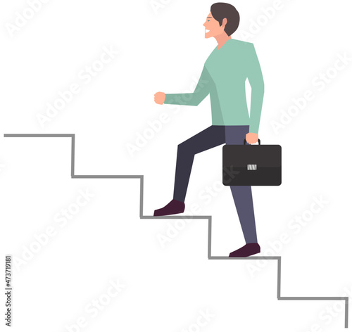 Businessman with suitcase climbing stairs of success. Business competition, leadership concept. Man climbs career ladder, go to success. Successful business, strategic planning, project development
