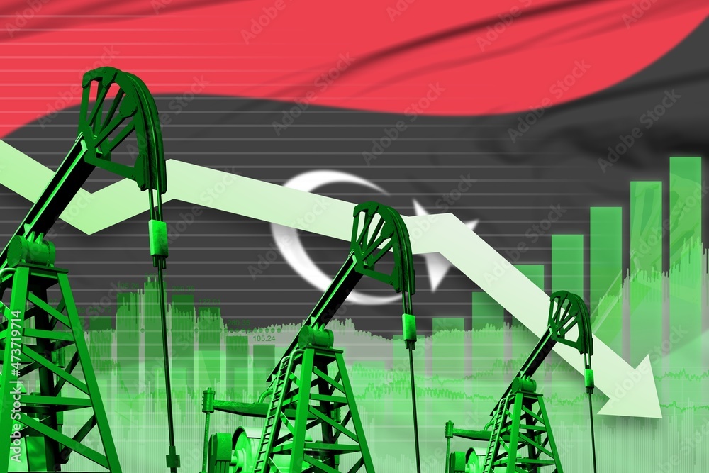 lowering down chart on Libya flag background - industrial illustration of Libya oil industry or market concept. 3D Illustration