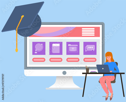 Online training courses. E-learning concept. Best method of self education, girl studies with laptop. Various online training courses for students. Distance education, online learning and graduation