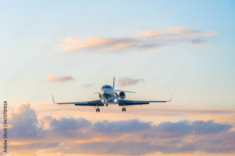 Private jet on the background of a beautiful gentle sky with clouds at sunset in pink and blue tones - obrazy, fototapety, plakaty 