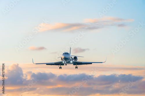 Obraz na płótnie Private jet on the background of a beautiful gentle sky with clouds at sunset in pink and blue tones w salonie