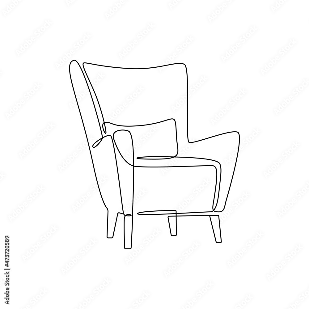 Modern furniture armchair with pillow for home interior in scandinavian style outline contour lines. Simple linear silhouette of comfy chair. Doodle vector illustration Modern furniture armchair with pillow for home interior in scandinavian style outline contour lines. Simple linear silhouette of comfy chair. Doodle vector illustration