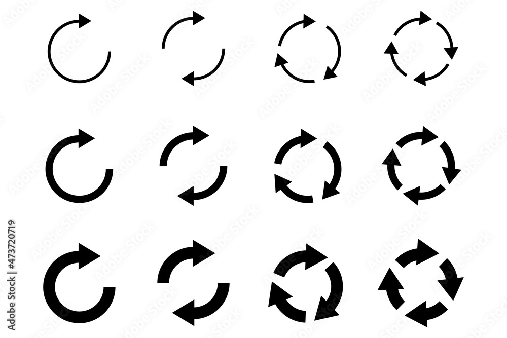 Collection of circular arrow icons. Direction element. Cursor sign. Recycle symbol. Vector illustration. Stock image. EPS 10.