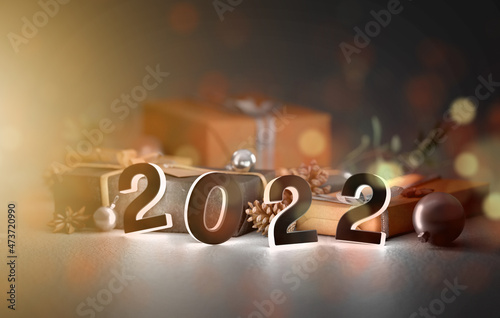 2022 new year composition with christmas holidays decoration - 3d rendering