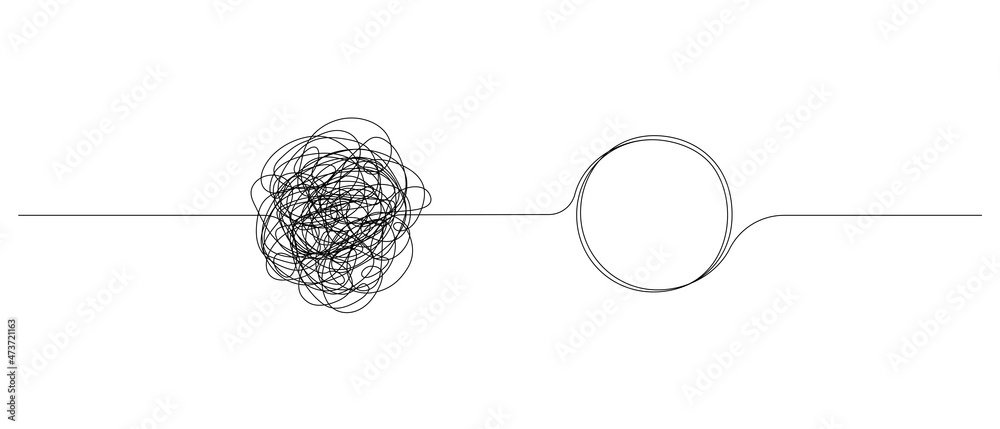Chaotically tangled line and untied knot in form of circle. The concept of solving problems is easy. Doodle vector illustration